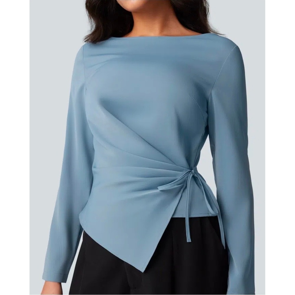 Halara Women Blue Long Sleeve Side Tie Wrap Blouse Asymmetrical Hem Top Size M